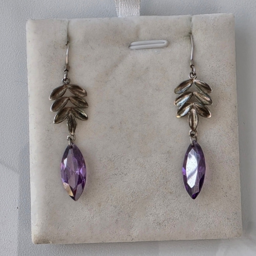 925 Silver Purple Crystal Leaf Drop Earrings